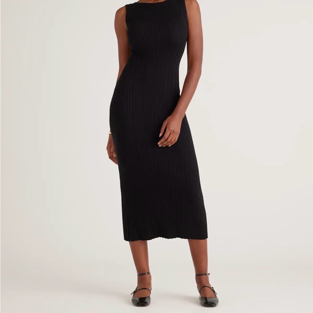 Quince Cotton Cashmere Ribbed Sleeveless MIDI Dress (Black, Size Medium)